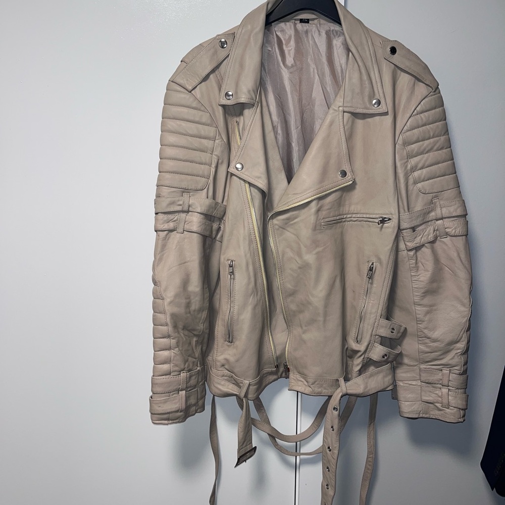 Men's Beige 100% Real Leather Biker Jacket